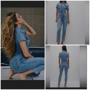 Good American Denim Jumpsuit Blue274 Size 0 Short Sleeve Zip Front